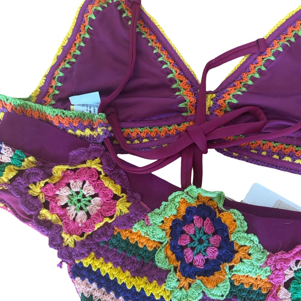 Agua Bendita NWT B. Punto Crochet Bikini Set Rainbow Chevron Multicolor Size L - Picture 12 of 13